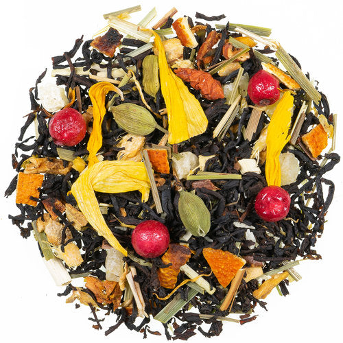 Frühlingsduft Schwarztee-Mischung mit Kräutern und Fruchtstücken, aromatisiert