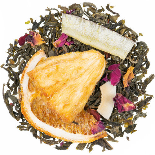Mandarine Kokos, Grüntee-Mischung mit Kräutern und Fruchtstücken, aromatisiert