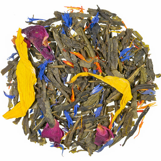 Sencha Sonnenwiese® Grüntee mit Blüten und Fruchtstücken, aromatisiert